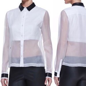 Robert Rodriguez silk top leather trim collar/cuff